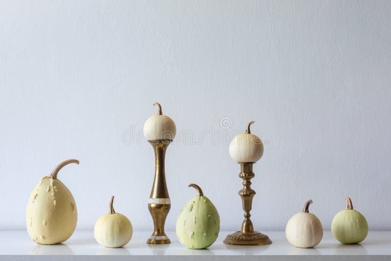 Danksagungsdekoration Minimaler Herbst spornte Raumdekoration an Auswahl von verschiedenen Kürbisen auf weißem Regal stockfoto Danksagungsdekoration Minimaler Herbst spornte Raumdekoration an Auswahl von verschiedenen Kürbisen auf weißem Regal stockfoto