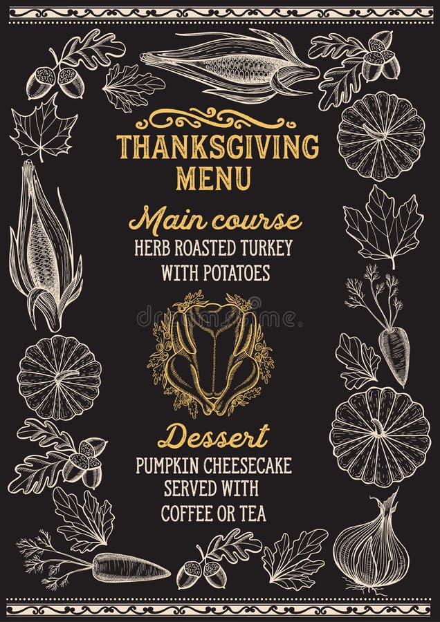 Thanksgiving menu with autumn vegetables on a chalkboard vector illustration brochure for holiday dinner celebration. Design food template with vintage lettering and hand-drawn graphic elements, turkey, pumpkin. Thanksgiving menu with autumn vegetables on a chalkboard vector illustration brochure for holiday dinner celebration. Design food template with vintage lettering and hand-drawn graphic elements, turkey, pumpkin.