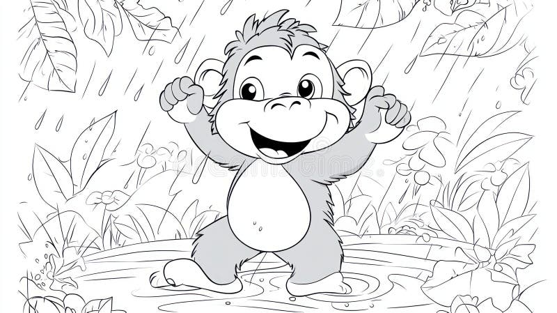 Dans de zi ploioasă : desen animat de babuin pentru copii care colorau pagina de carte vector illustration
