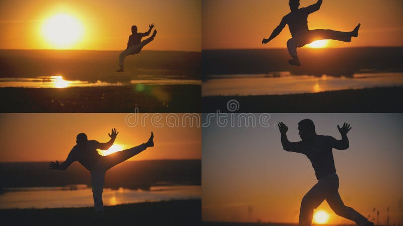 4 dans 1 - l'homme de karaté est capoeira exécuté combattant devant le coucher du soleil orange image stock 4 dans 1 - l'homme de karaté est capoeira exécuté combattant devant le coucher du soleil orange image stock