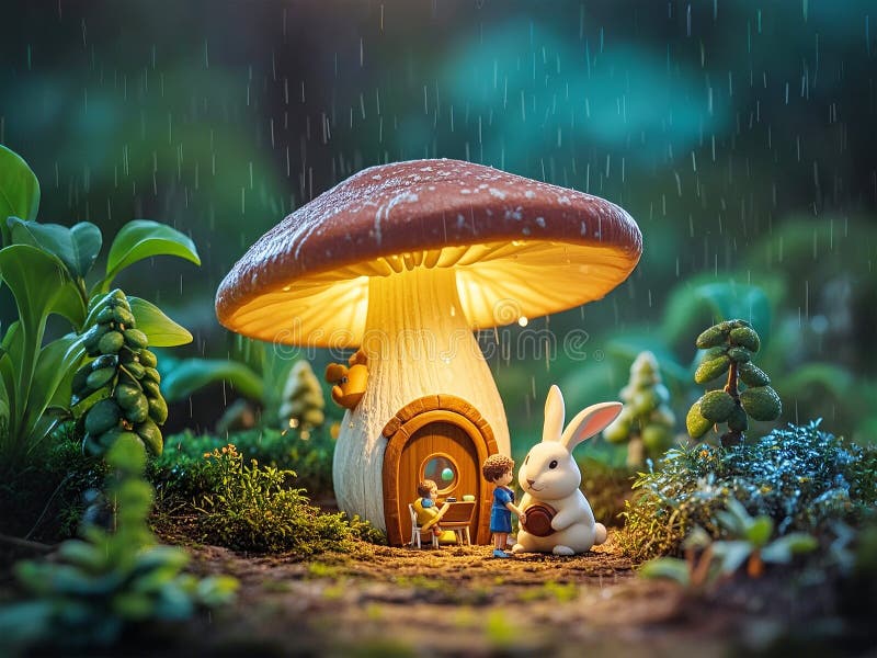 Dans la forêt d'un monde miniature, un petit garçon et un petit lapin se réfugient sous la pluie sous un champignon. illustration stock