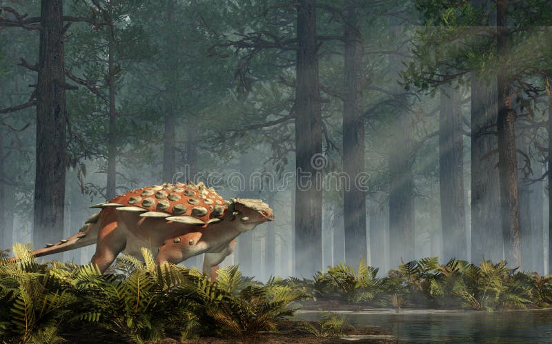 Gargoyleosaurus was an early ankylosaur of the late Jurassic period. It was an armored herbivore, a quadruped with spikes along the side. In a forest. 3D Rendering. Gargoyleosaurus was an early ankylosaur of the late Jurassic period. It was an armored herbivore, a quadruped with spikes along the side. In a forest. 3D Rendering