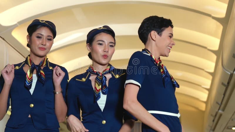 Danse d'équipage de cabine avec joie dans l'avion banque de vidéos