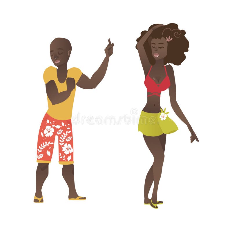 Danse hawaïenne et noire de couples à la partie de plage illustration libre de droits Danse hawaïenne et noire de couples à la partie de plage illustration libre de droits