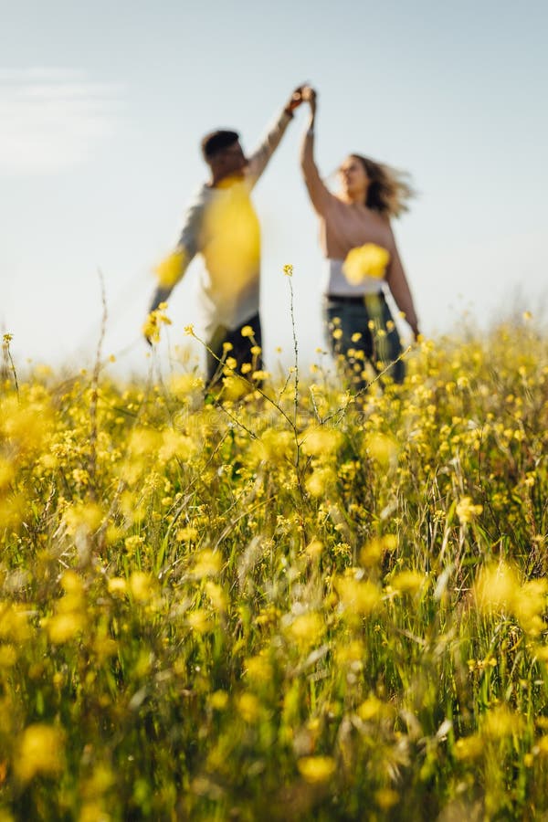 Danse romantique de couples dans le pré des fleurs jaunes photographie stock libre de droits Danse romantique de couples dans le pré des fleurs jaunes photographie stock libre de droits