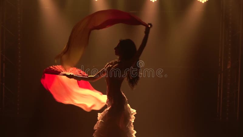 Danseuse du ventre des femmes dans les tissus de soie de danse d'un ventilateur en costume blanc oriental. Tiré dans un studio noi banque de vidéos