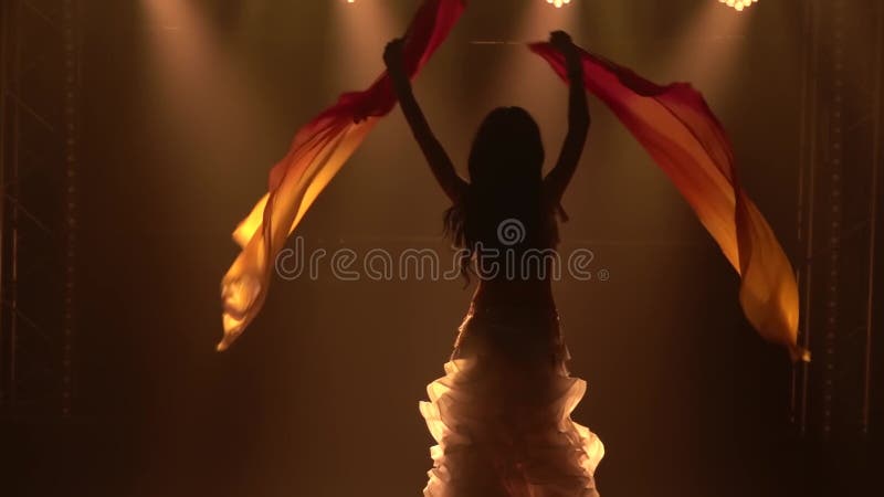 Danseuse du ventre des femmes dans les tissus de soie de danse d'un ventilateur en costume blanc oriental. Tiré dans un studio noi banque de vidéos