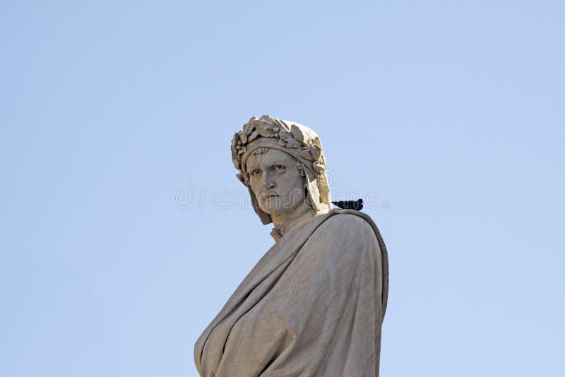 Close up of high part of statue of Dante in Florence