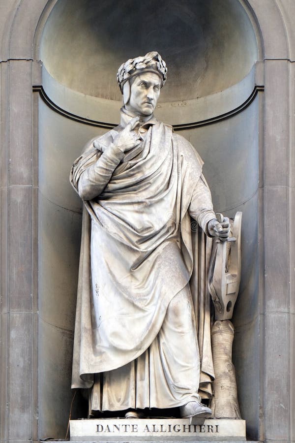 Dante Alighieri in the Niches of the Uffizi Colonnade. The first half of the 19th Century they were occupied by 28 statues of famous people in Florence, Italy. Dante Alighieri in the Niches of the Uffizi Colonnade. The first half of the 19th Century they were occupied by 28 statues of famous people in Florence, Italy