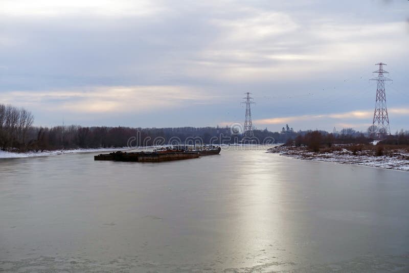 Danube River Arm, Frozen at Winter. Glossy Surface Stock Image Image