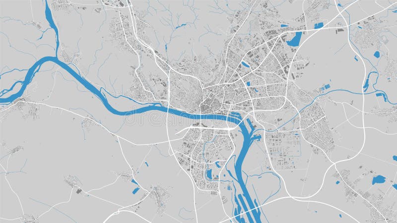 Danube river map, Bratislava city, Slovakia. Watercourse, water flow, blue on grey background road street map. Detailed vector