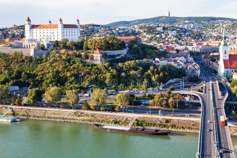 Dunajské nábřeží, most a město Bratislava