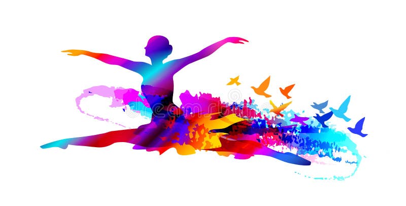 Dançarino de bailado colorido, pintura digital com pássaros de voo
