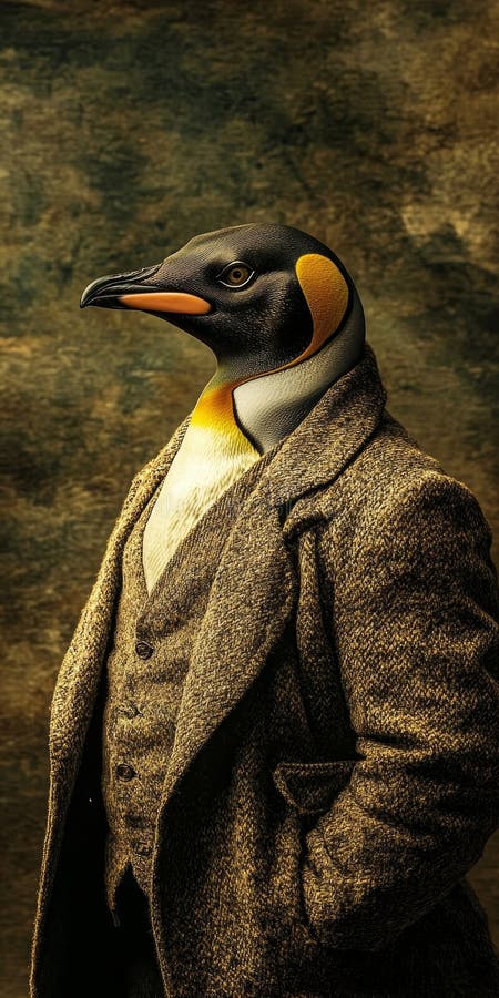 Dapper Penguin. Anthropomorphisches Portrait eines Pinguins in einem maßgeschneiderten Anzug vor dunklem Hintergrund. vektor abbildung