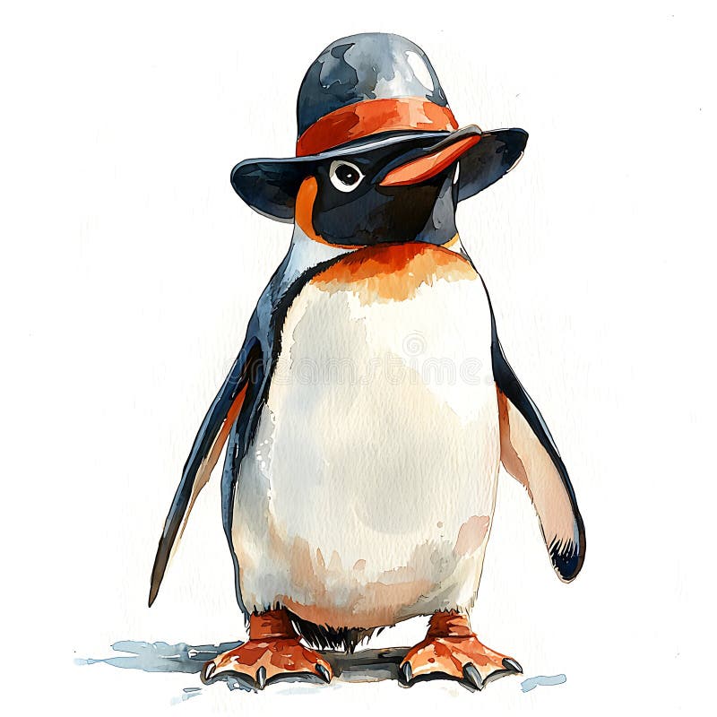 Dapper Penguin Fedora Hat Aquarellfarben Illustration stock abbildung