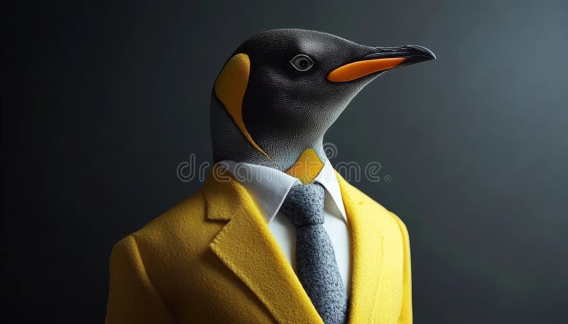 Dapper Penguin Portrait Anthropomorpher Vogel in Gelb Anzug isoliert auf dunklem Hintergrund vektor abbildung