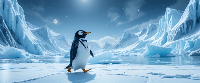 Dapper Penguin Spaziergang auf antarktischem Eis unter Twilight Sky stock abbildung