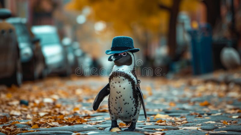 Dapper Pinguin schlängelt sich durch die Straßen in maßgeschneiderter Eleganz und verkörpert den Stil einer Straße stock abbildung