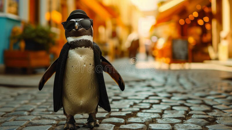 Dapper Pinguin schlängelt sich durch die Straßen in maßgeschneiderter Eleganz und verkörpert den Stil einer Straße lizenzfreie abbildung