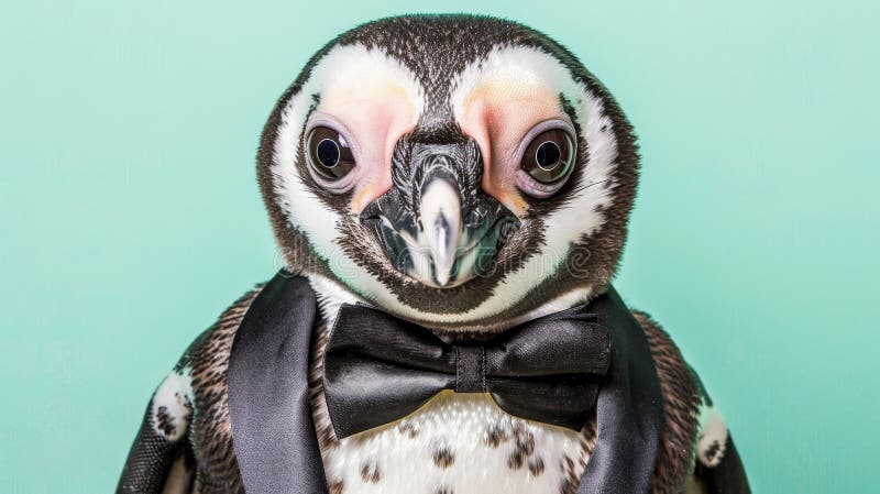 Dapper Pinguin in Tuxedo Bogen Krawatte auf pastellgrünen Hintergrund formales Ereignis Tierportrait stock abbildung