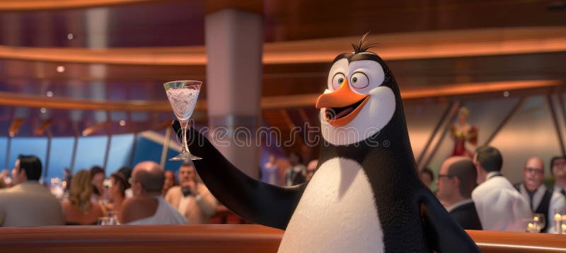 Dapper Pinguin in tuxedo sips trinken während beobachten elegante Ballsaal Szene mit Pastellorange hue lizenzfreie abbildung