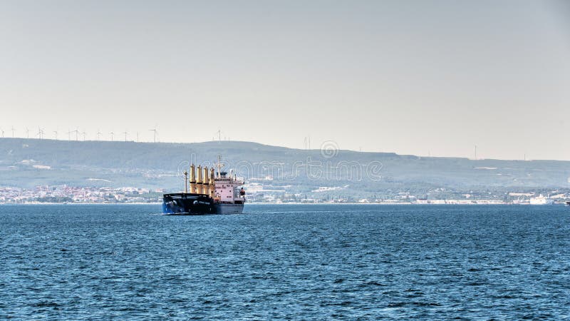 Dardanelles, Turkey - 07.24.2019.  Large ship in the Dardanelles strait near Canakkale, Turkey