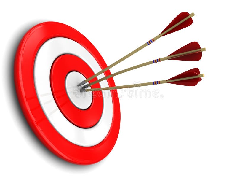 3d illustration of three darts in target center, over white background. 3d illustration of three darts in target center, over white background