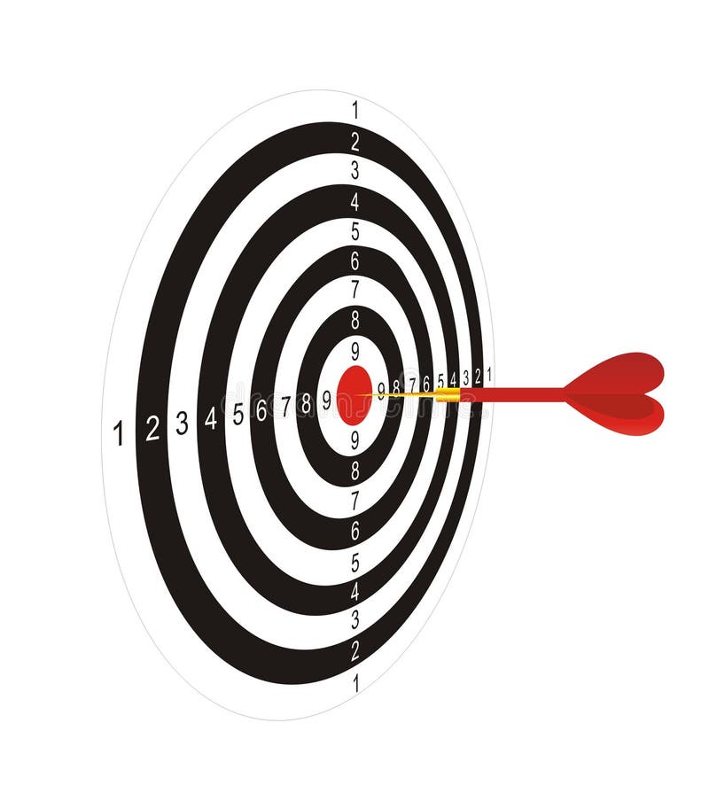 The illustration representing the drawn black-and-white target with the red center for game in a darts on a white background. In the center of a target the arrow which has hit the mark is located. Figure in the long term. The illustration representing the drawn black-and-white target with the red center for game in a darts on a white background. In the center of a target the arrow which has hit the mark is located. Figure in the long term.