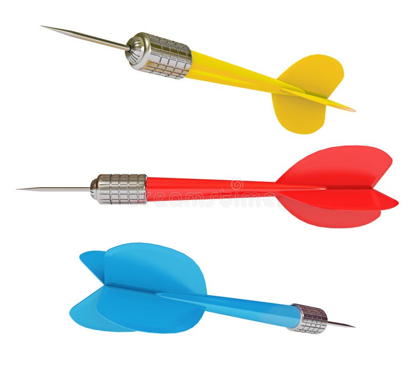 Darts from different angles. White background. 3d render. Darts from different angles. White background. 3d render