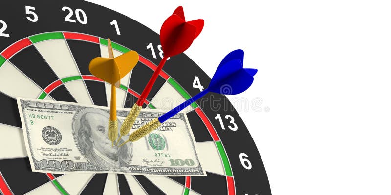 3d rendering colorful darts and dollars on target on white background. 3d rendering colorful darts and dollars on target on white background