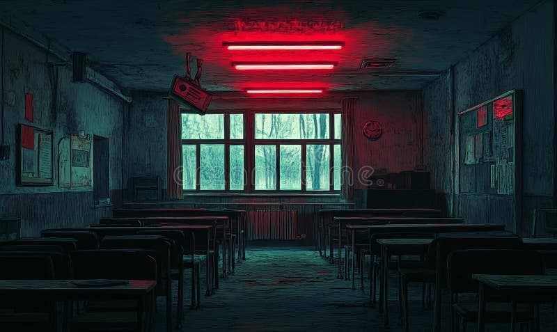 Dark, abandoned classroom with red neon lights, desks, and a large window showing a wintry forest vector illustration