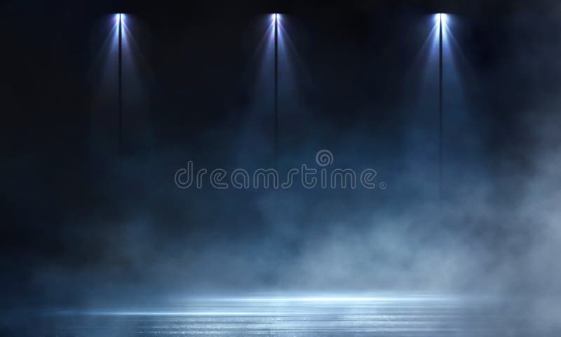 Dark abstract background, neon blue light. Empty dark scene with spotlights. Blue background with rays, light lines. stock illustration