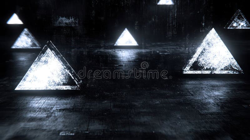 A dark, abstract scene featuring glowing triangular shapes in a textured environment.