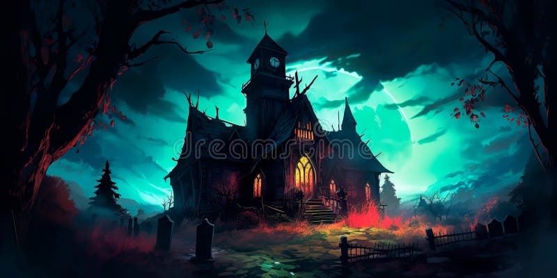 dark and atmospheric Halloween background with a haunted church, stained glass windows, and eerie chanting. Generative