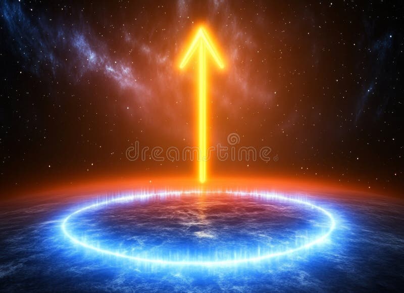 In a dark backdrop, a luminous neon arrow rises inside a circular frame, casting bright light rays outward AI generated