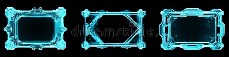 On a dark background, neon blue futuristic frames glow, showcasing geometric tech designs of oval, asymmetric polygon stock photos