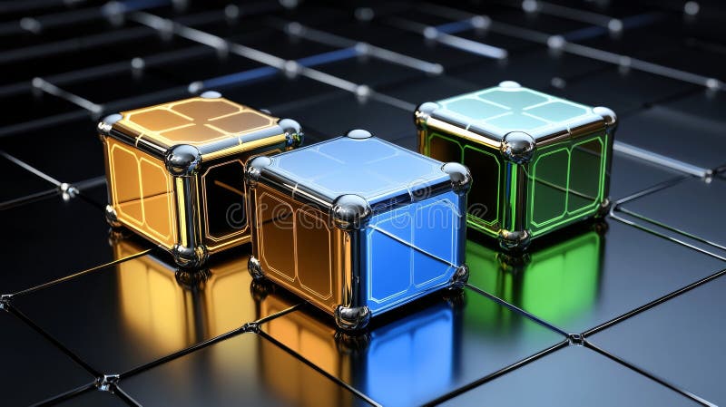 The dark background serves as a backdrop for a multicolored glowing crystal cube stock images