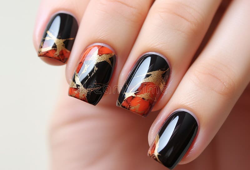 A dark basic manicure but made bold by an abstract design stock image