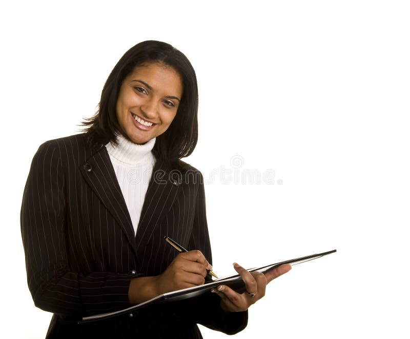 Dark Beauty Smiling Writing in Notebook