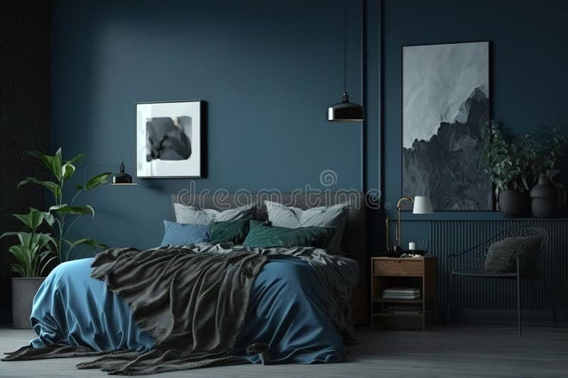 Dark Bed and Mockup Dark Blue Wall in Bedroom Interior Stock