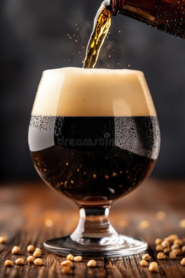 Dark beer pouring into glass on rustic wooden table with foamy head royalty free stock photos