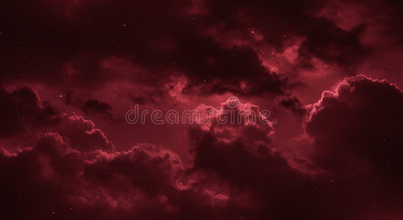 Dark, billowing clouds fill the sky, illuminated by a deep crimson hue. Tiny royalty free illustration