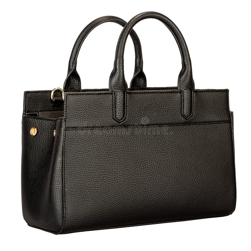 Dark Black Female Leather Bag Isolated on White Background Stock Photo