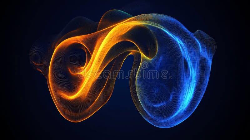 On a dark black presentation background, a neon wireframe grid of a human ear is depicted using futuristic AI generated