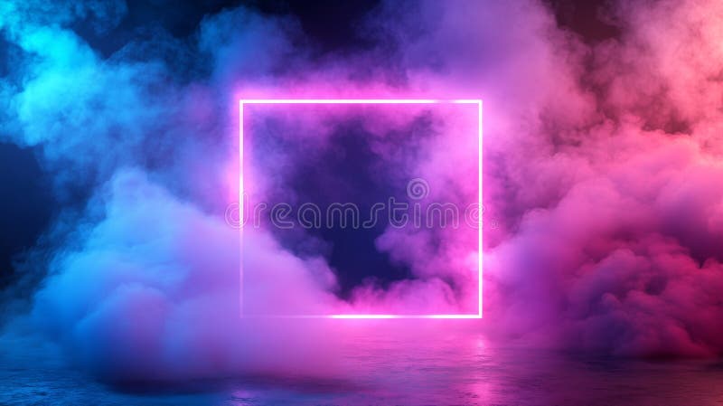 A dark black sky background highlights a neon frame that glows pink with white fog smoke. This luminous, laser-shaped stock photos