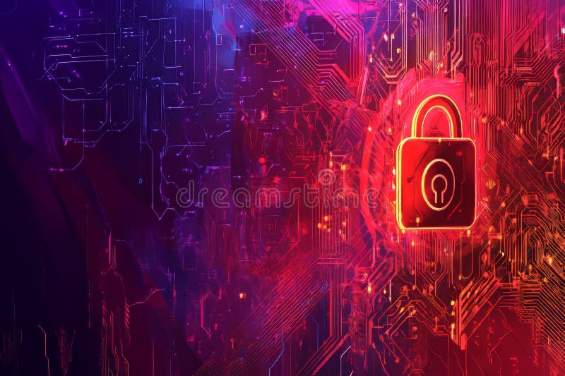 A dark blue background contains security symbols such as a lock and a globe with icons representing different virtual services like gaming or social media. AI generated