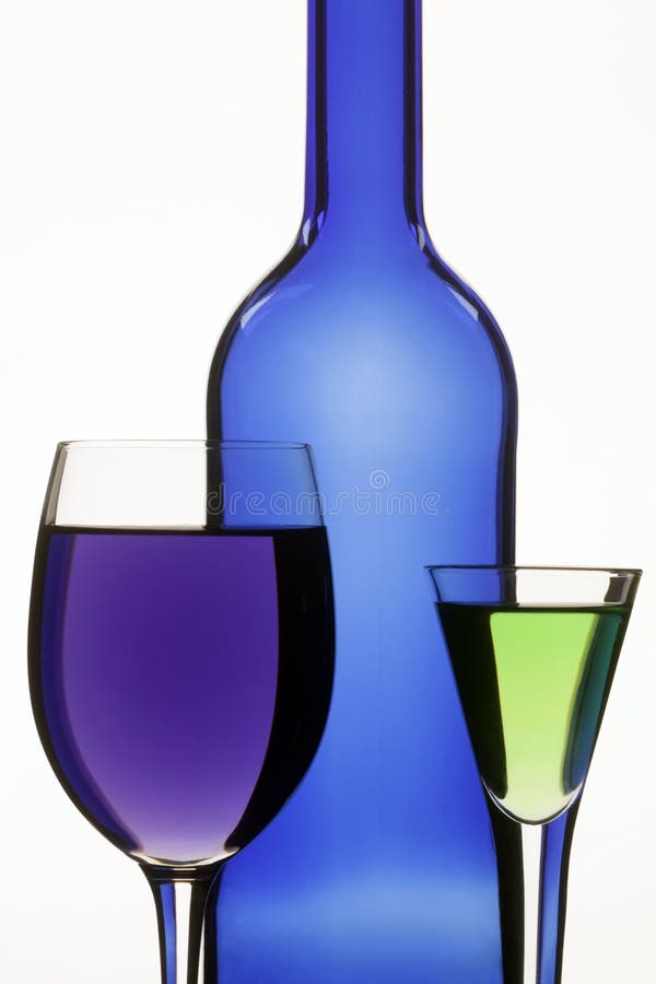 Dark blue bottle and two wine-glasses