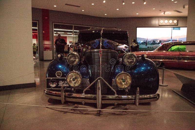 Los Angeles, CA, USA - July 23, 2017: Dark blue 1939 Chevrolet Master Deluxe Gangster Squad by artist Mister Cartoon inspired by Gangster Squad movie displayed at the Petersen Automotive Museum. Editorial use.