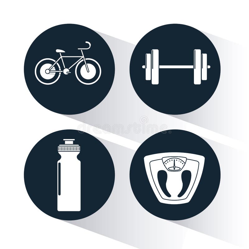 Dark blue circular frame with silhouette set of elements cardio exercises royalty free illustration