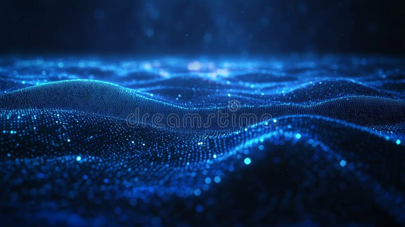 Fundal digital albastru închis cu particule luminoase spumante care creează modele complexe stock illustration